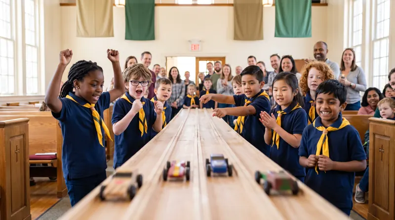 Children cheer along a Pinewood Derby track in a church hall