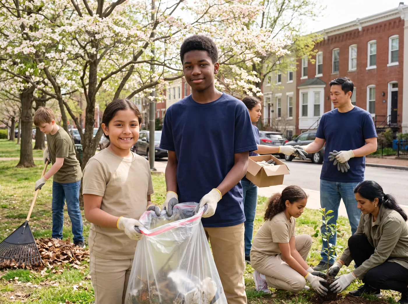 Kids and teens bagging leaves and planting a seedling in a neighborhood park with brick rowhouses behind