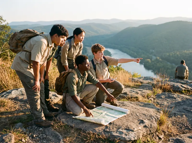 Teenagers reading a map on a rocky overlook